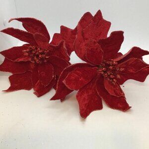 2 Red Poinsettia Felt Christmas Pick Ornament Flower Arrangement